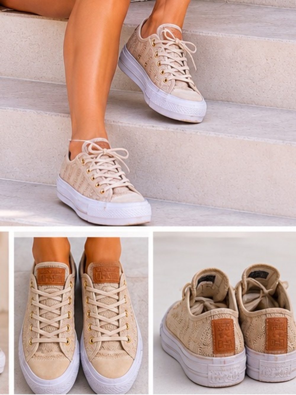 Converse Low Profile Cream Knit Sneakers with Gold Accents Size 7 White Base